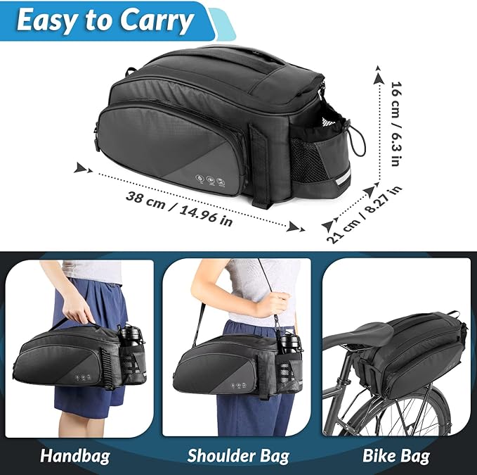 WOTOW Rear Rack Bag, 12L Waterproof Reflective Bicycle Trunk Bag, Cycling Rear Seat Carrier Backseat Storage Luggage with Water Bottle Holder, Shoulder Strap for MTB Bike E-Bike