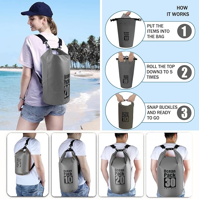 Floating Waterproof Dry Bag Backpack 5L/10L/20L, Roll Top Bag for Kayaking, Rafting, Boating, Swimming, Camping, Hiking, Beach, Fishing, Waterproof Beach Bag. (Gray, 20L)
