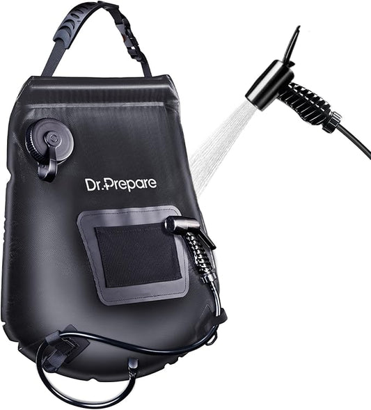 DR.PREPARE Camping Shower Bag, 15L Solar Camp Showers for Travelling Hiking Trip Beach w/On-Off Switchable Shower Head