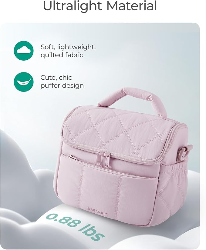 BAGSMART Insulated Lunch Bags for Women, Cute Quilted Lunch Box, Lightweight Puffy Padded Waterproof Lunch Tote, Reusable Lunch Cooler for Work Picnic Travel, Pink