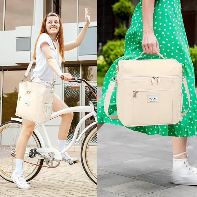 Voova Stackable Stainless Steel Thermal Lunch Box with Lunch Bag and Cultery Set for Adult Women Men, 3 Tier Leakproof All-in-One Insulated Bento Boxes Food Container for Work, Beige