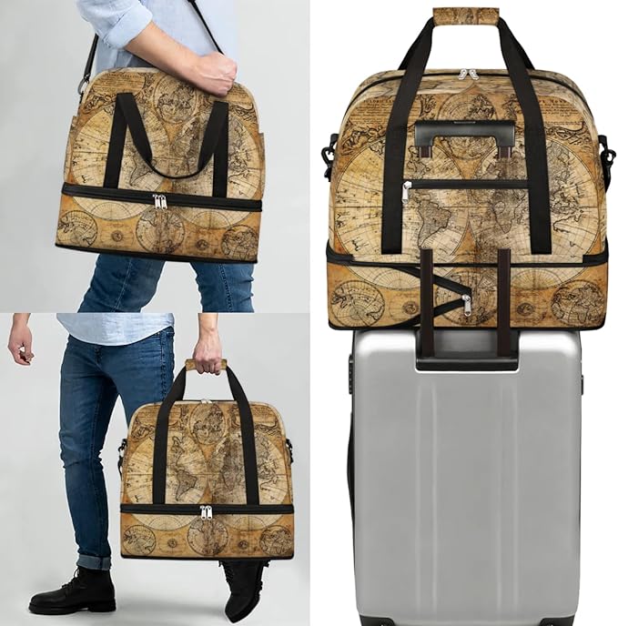 World Map Foldable Travel Duffel Bag, Expandable Sports Gym Bag with Shoes Compartment Weekender Overnight Totes Bags for Women Men