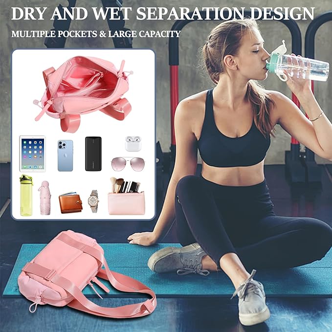Mini Gym Bag for Women & Girls with Wet Compartment Small Gym Tote Bag Waterproof Travel Duffle Bag Cute Workout Sports Bag, Pink