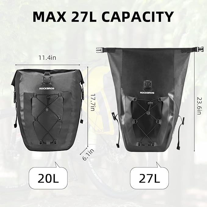 ROCKBROS Bike Pannier Waterproof 27L Large Capacity Bike Bag Rear Rack Waterproof for Grocery Touring Cycling Black*2
