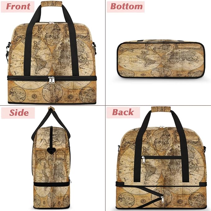 World Map Foldable Travel Duffel Bag, Expandable Sports Gym Bag with Shoes Compartment Weekender Overnight Totes Bags for Women Men
