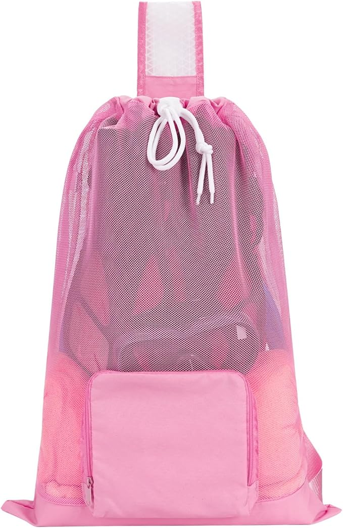 WANDF Swim Bag Foldable Mesh Drawstring Bag with Quick-dry Shoulder Strap Beach Backpack with Wet Pocket for Swimming, Gym, and Workout Gear (Pink Patent Pending)