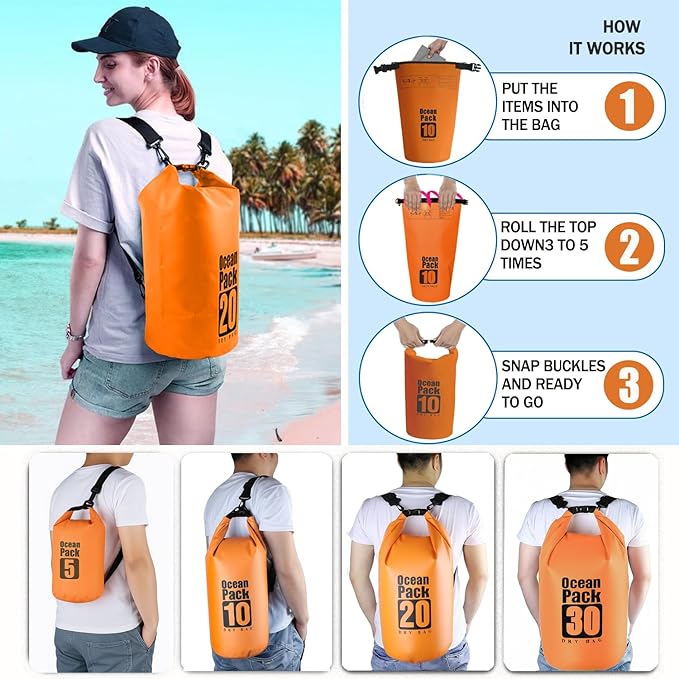 Floating Waterproof Dry Bag Backpack 5L/10L/20L, Roll Top Bag for Kayaking, Rafting, Boating, Swimming, Camping, Hiking, Beach, Fishing, Waterproof Beach Bag. (Orange, 20L)