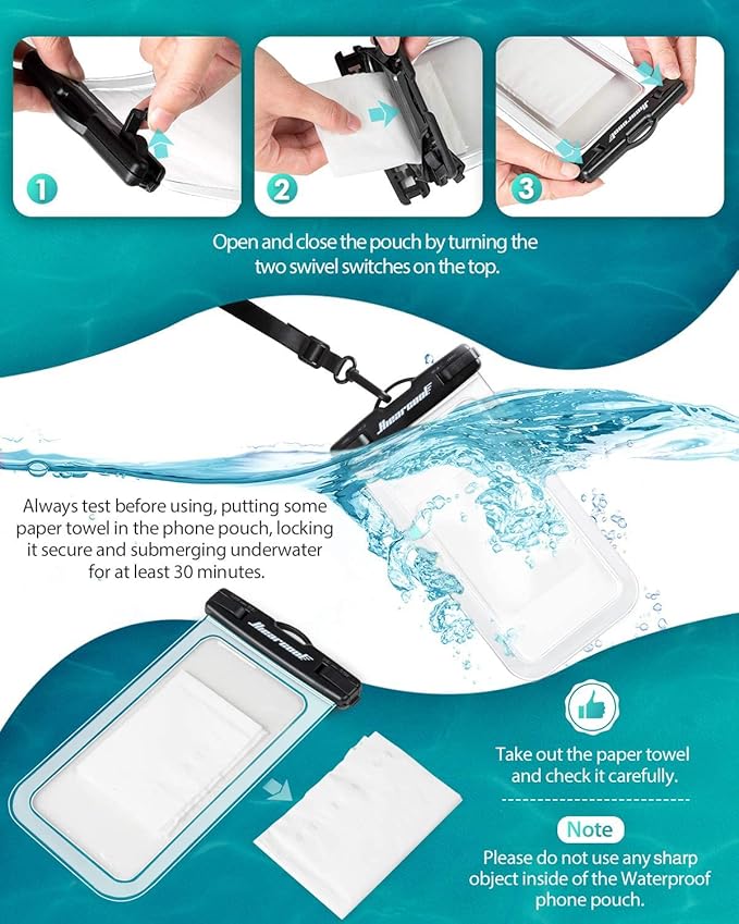 Hiearcool Waterproof Phone Pouch, Water Proof Phone Case for iPhone, Waterproof Cell Phone Dry Bag for Cruise Travel Vacation Essentials Large Waterproof Phone Holder 4 Pack-Black&Clear