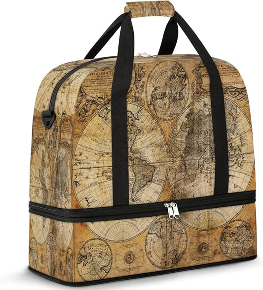 World Map Foldable Travel Duffel Bag, Expandable Sports Gym Bag with Shoes Compartment Weekender Overnight Totes Bags for Women Men
