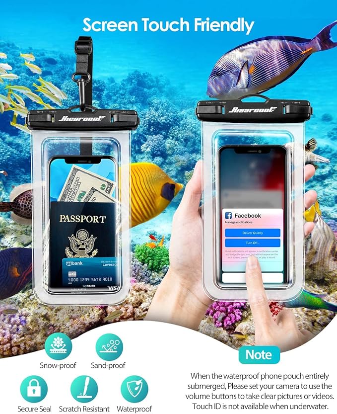 Hiearcool Waterproof Phone Pouch, Water Proof Phone Case for iPhone, Waterproof Cell Phone Dry Bag for Cruise Travel Vacation Essentials Large Waterproof Phone Holder 4 Pack-Black&Clear