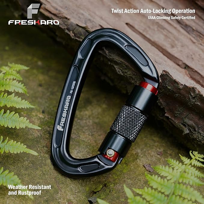 FresKaro UIAA Certified 25KN Auto Locking Climbing Carabiner Clips, Twist Lock, and Heavy Duty Carabiners for Rock Climbing, Rappelling, and Mountaineering, D Shaped 3.93 Inch, Large Size, Black