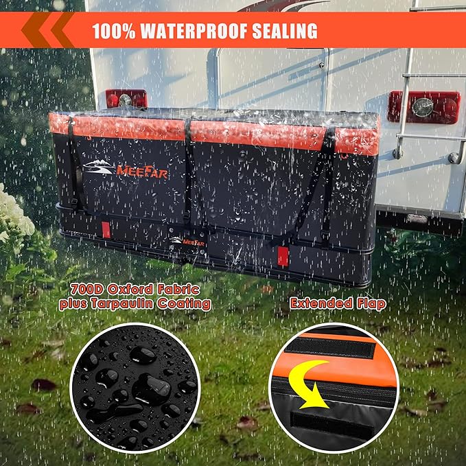 MeeFar Hitch Mount Cargo Carrier Bag Soft Shell 100% Waterproof 15 Cubic Feet (58" 19" 24") Include 8 Reinforced Straps for Truck Pickup All Vehicle with Steel Cargo Basket