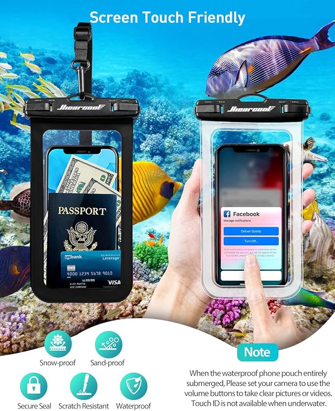 Hiearcool Universal Waterproof Phone Pouch,Underwater Dry Bag for iPhone 16 15 14 13 Pro Max XS Plus up to 8.3",IPX8 Cell Phone Case for Cruise Travel Essentials-Black&Clear-2Pack