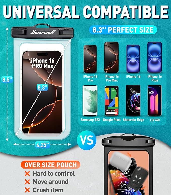 Hiearcool Universal Waterproof Phone Pouch,IPX8 Cell Phone Waterproof Case Up to 8.3" for iPhone 16 15 14 13 Pro Max,Beach Essentials Vacation Must Haves-Clear&Bright Red-2Pack
