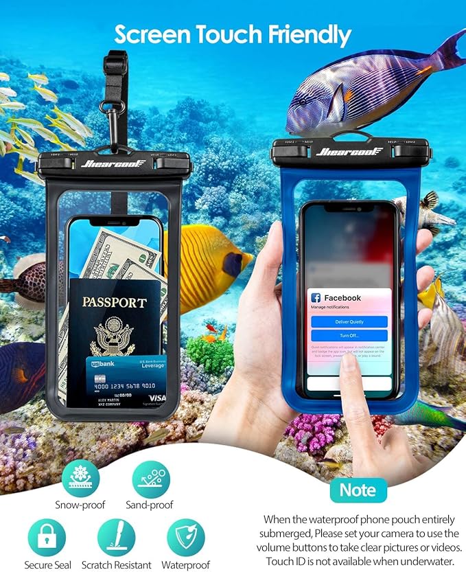 Hiearcool Waterproof Phone Pouch,Universal Waterproof Phone Case Dry Bag Travel Essentials for iPhone, Beach Accessories for Vacation Must Haves - Black&Navy-2 Pack