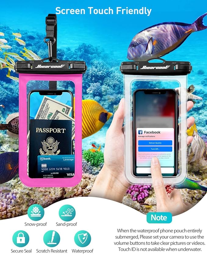 Hiearcool Universal Waterproof Phone Pouch,IPX8 Cell Phone Waterproof Case Up to 8.3" for iPhone 16 15 14 13 Pro Max,Beach Essentials Vacation Must Haves-Clear&Bright Red-2Pack