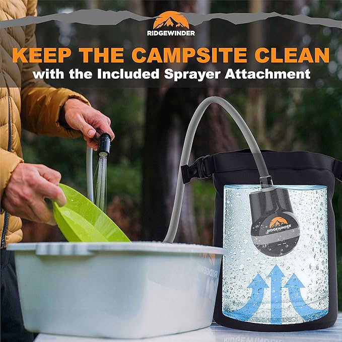 Dual Battery Portable Shower for Camping with Dry Bag - Camp Shower with 2 Rechargeable Batteries and Included 10L Dry Bag for Water Storage. Complete Camping Shower in a Bag